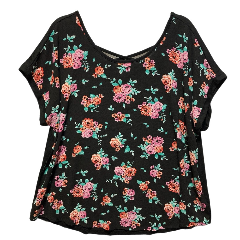No Comment Plus 3X Black Floral Strappy Back Top EUC 13005